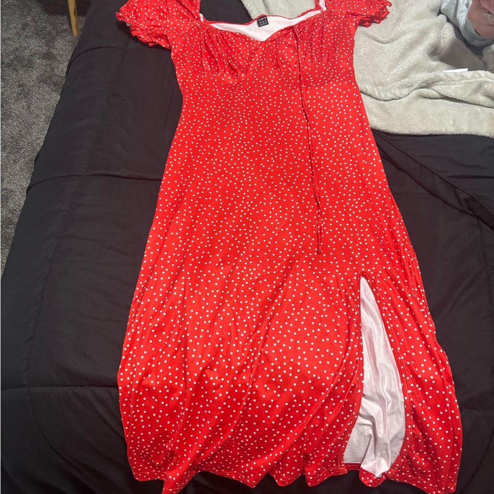 Red Polka Dot Dress with Slit